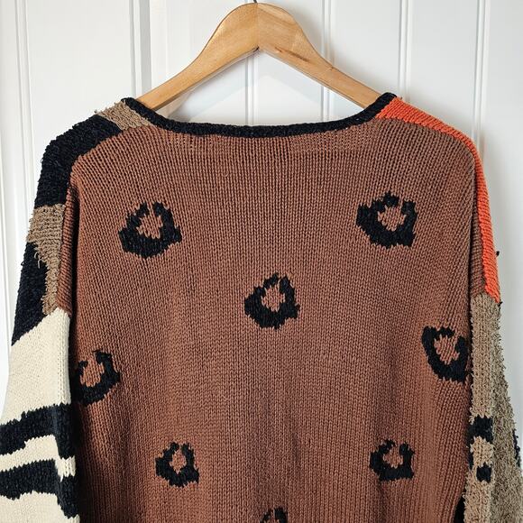 Vtg Carole Little Cardigan Women Med Brown Animal Print Knit Patchwork Boho Cats - Picture 7 of 11